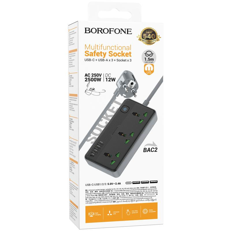 Удлинитель Borofone BAC2 Leya (3USB-A/1C/3xSocket) (1.5m) Херсон - изображение 2