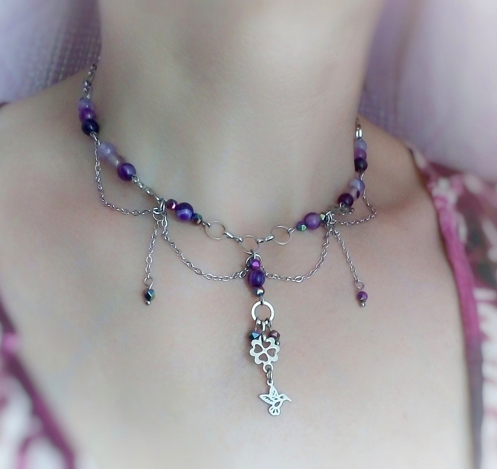 Колібрі агат мінерал камінь сталь кольє намисто фіолетовий бузковий шию подарунок підвіски конюшина Луцьк - зображення 4