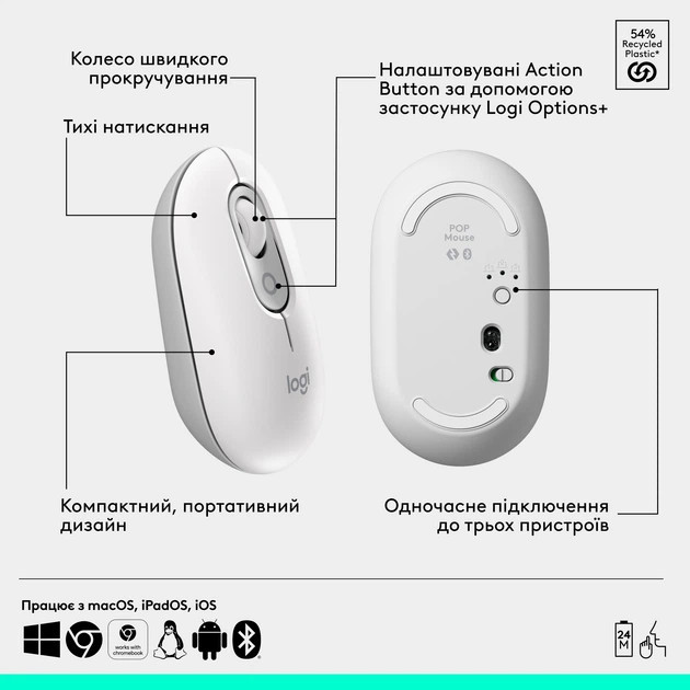 Мышь компьютерная безпроводная Logitech POP Mouse Off-White L910-007411 белая Киев - изображение 6