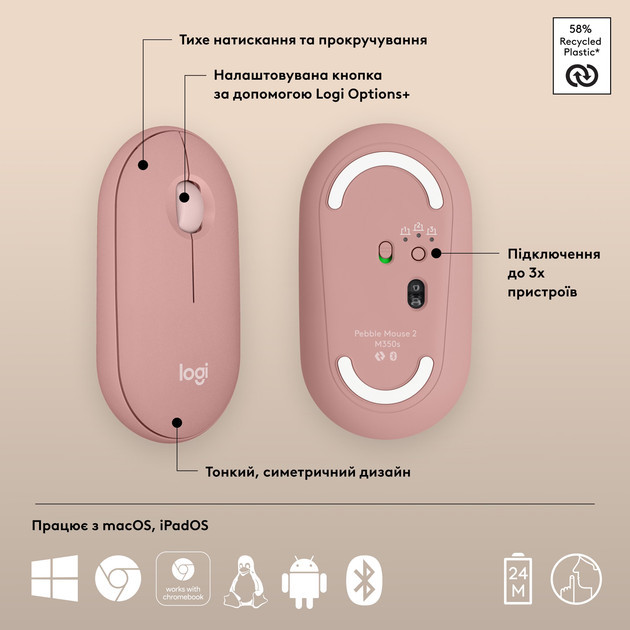 Мышь компьютерная безпроводная Logitech Pebble Mouse 2 M350s Tonal Rose L910-007014 розовая Киев - изображение 6
