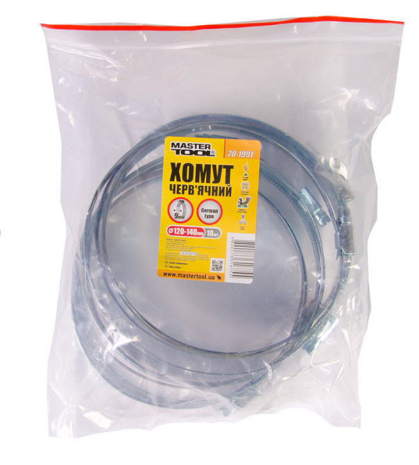 Хомут червячный MASTERTOOL German type W1 DIN 3017 9.0 мм Ø 120-140 мм 10 шт 20-1991 Харків - зображення 2