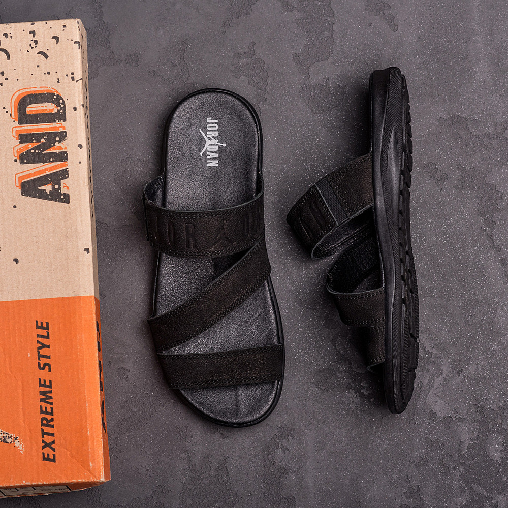 Мужские кожаные  летние шлепанцы-сланцы Jordan Black Київ - зображення 9