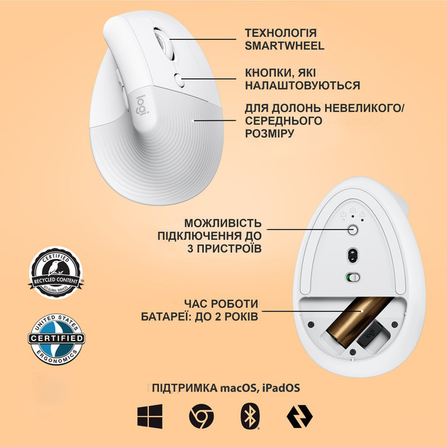 Мышь компьютерная безпроводная Logitech Lift Vertical Ergonomic Mouse Off-White L910-006475 белая Киев - изображение 6