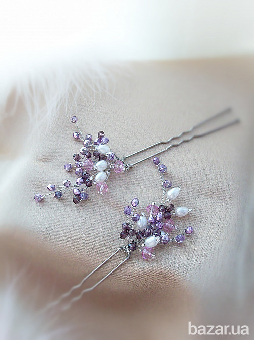 Лаванда парные шпильки заколка сиреневый фиолетовый белый жемчуг Луцьк - зображення 1