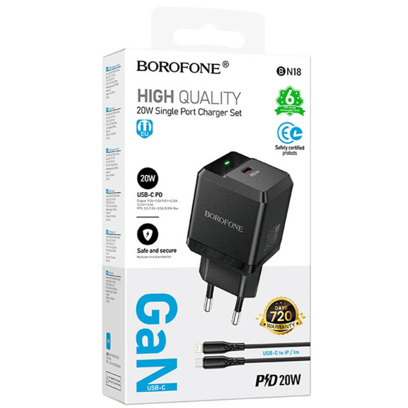 СЗУ Borofone BN18 Intenso PD20W (1USB-C) + кабель Type-C to Lightning Херсон - зображення 2
