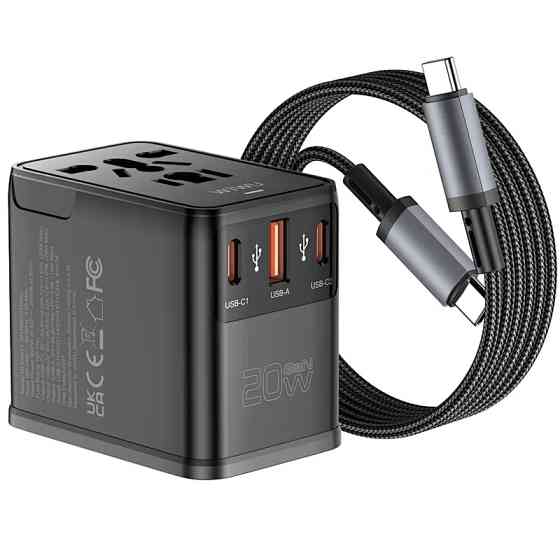 Сетевой универсальный переходник WIWU UA013 20W GaN + 1USB-A/2C with retractable cable Type-C Херсон