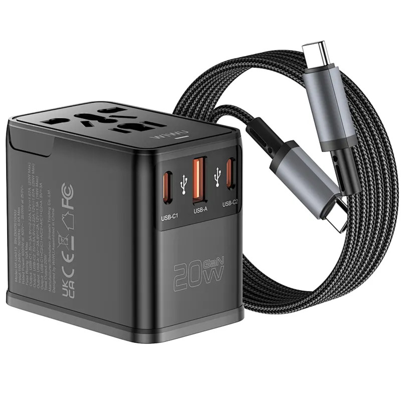 Сетевой универсальный переходник WIWU UA013 20W GaN + 1USB-A/2C with retractable cable Type-C Херсон - изображение 3