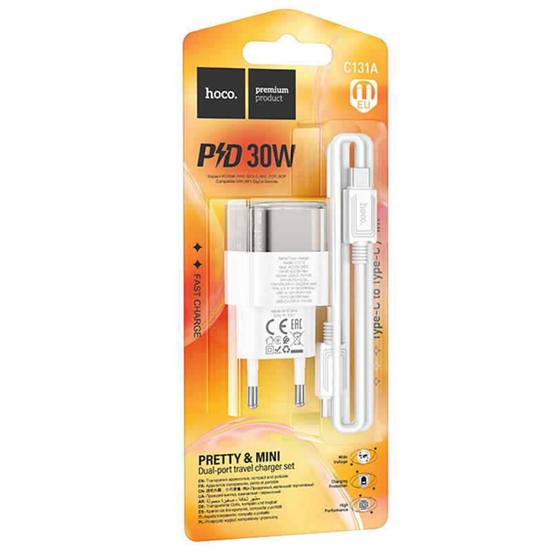 СЗУ Hoco C131A Platium PD30W+QC3.0 (1USB-A/1C) + кабель Type-C to Type-C Херсон - изображение 4