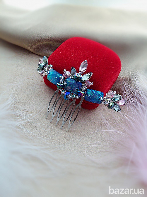Візантія гребінь заколка синій малахіт багатобарвний вечірня прикраса оригінальна в зачіску на голов Луцьк - зображення 3