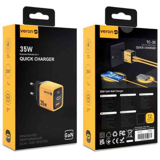 Мережевий зарядний пристрій Veron TC-35 35W Display PD QC3.0 Yellow (Код товару:41299) Харків