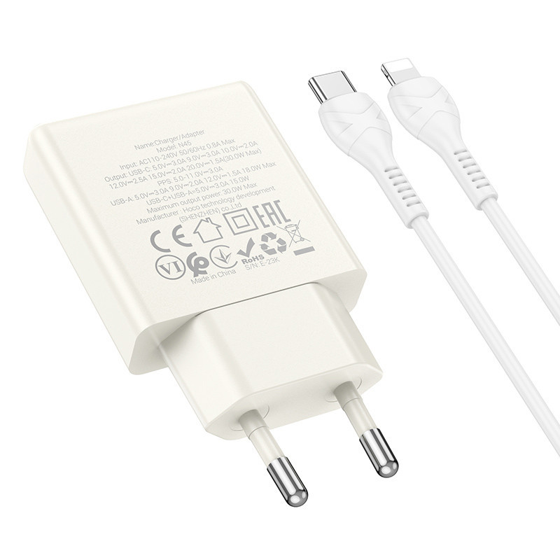 СЗУ Hoco N45 Biscuit PD30W+QC3.0 (1USB-A/1C) + кабель Type-C to Lightning Херсон - изображение 2
