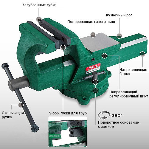 Тиски слесарные поворотные 125 мм 5" TOPTUL кованые DJAD0105 Харків - зображення 6
