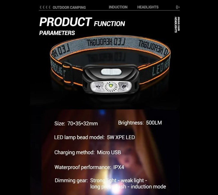 Налобний ліхтарик з інфрачервоним датчиком руху + вбудований акумулятор Косів - зображення 4