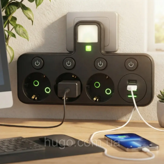 Мережевий фільтр з підсвічуванням 3 розетки, 2500Вт (2хUSB + Type-C) J24U / Трійник у розетку. Одеса