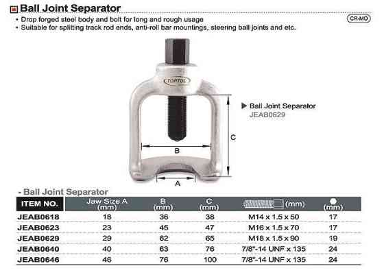 Съемник рулевых тяг и шаровых опор 46х76х100 мм TOPTUL JEAB0646 Харьков