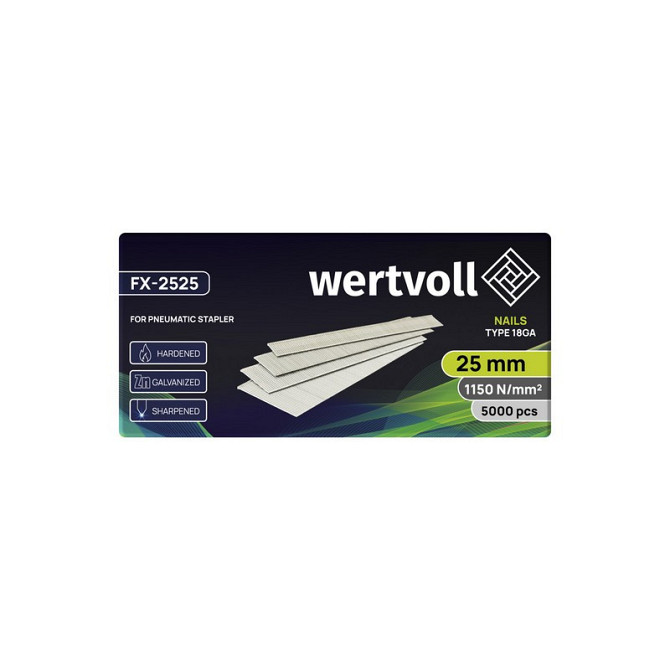 Гвоздь закаленный для пневмостеплера WERTVOLL тип 18GA 25 мм/1.0х1.25 мм 5000 шт FX-2525 Харків - зображення 2