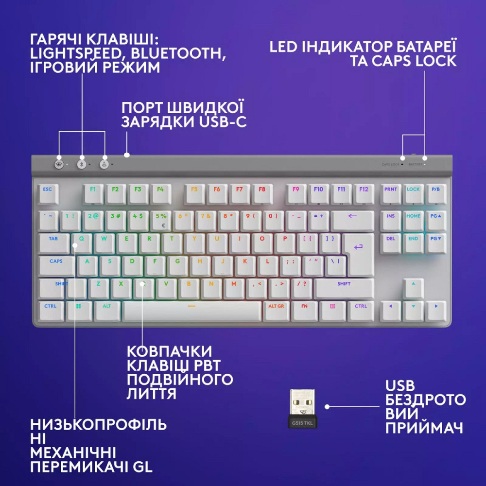 Клавиатура компьютерная безпроводная Logitech G515 LIGHTSPEED White L920-012539 белая Київ - зображення 2