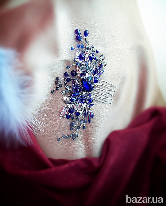 Камілла розкішний сапфіровий синій гребінь кришталь дріт мідний листя квітка Луцк - изображение 4