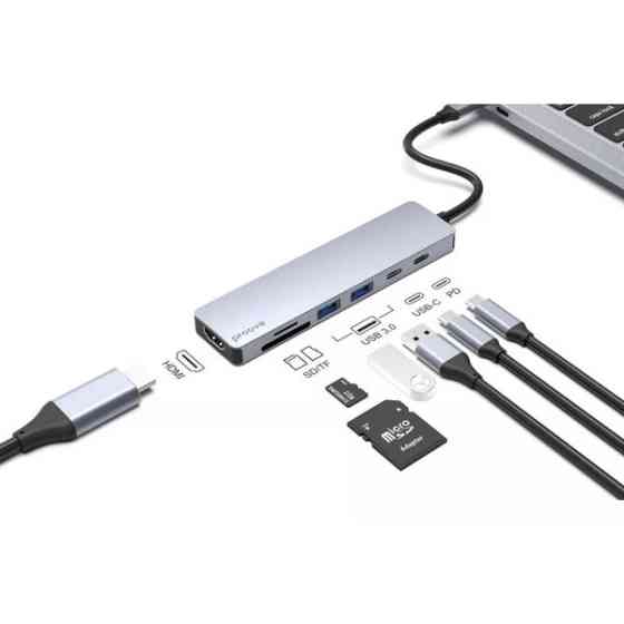 USB HUB Proove Iron Link 7 in 1 (2*Type-C + 2*USB3.0 + HDMI + SD/TF) Silver (HBIL00222004) (Код това Харків