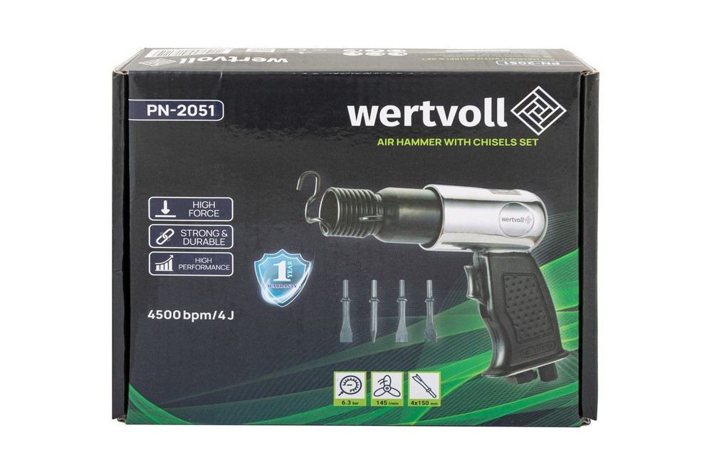 Зубило пневматическое WERTVOLL 4500 уд/мин 145 л/мин 6.3 bar 4 Дж набор насадок 150 мм с цилиндричес Харьков - изображение 5