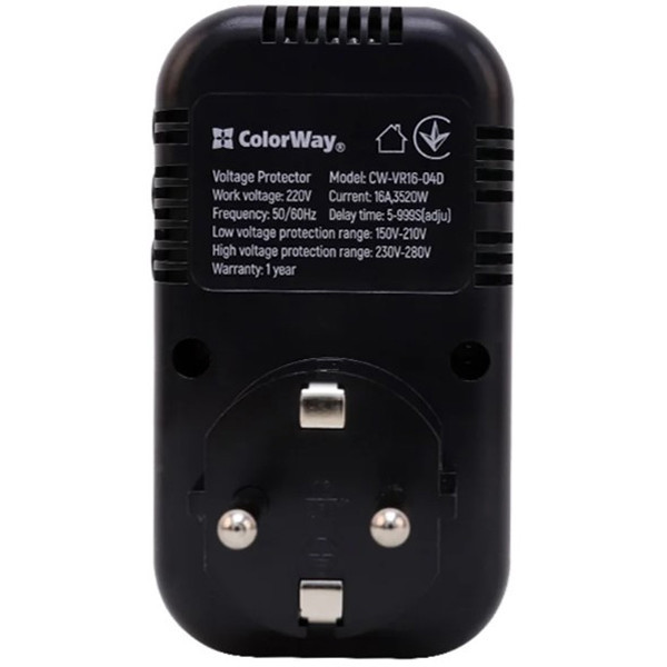 Реле напруги ColorWay (16A/3680W) 150V-210V/230V-280V DS1 Black (CW-VR16-04D) Харків - зображення 5