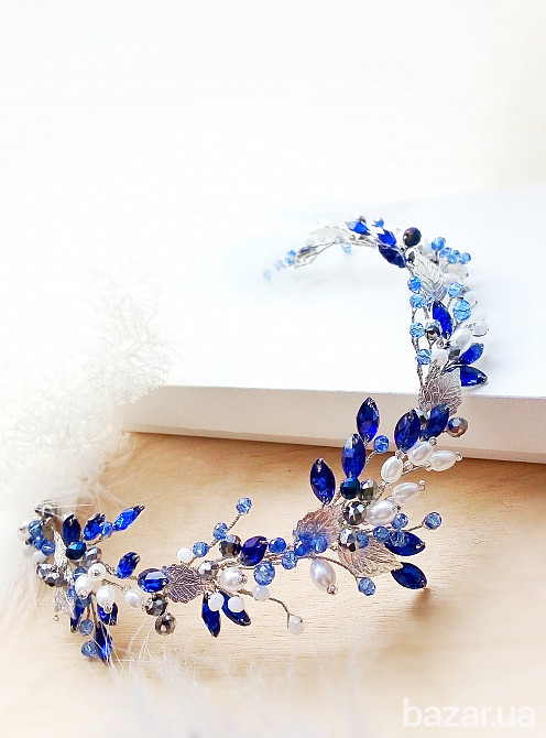 Ізабелла білий синій електрик гілочка веточка діадема віночок перли жемчуг хрусталь Луцьк - зображення 1