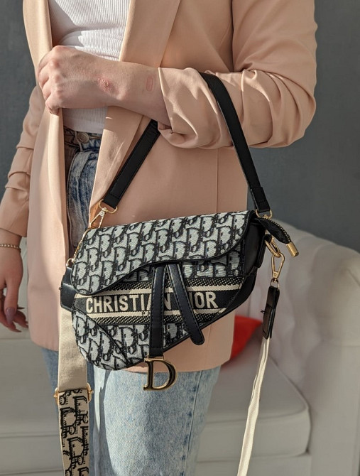 сумка кросс-боди с широким ремнем Christian Dior Saddle сіра з чорним AN89 Киев - изображение 1