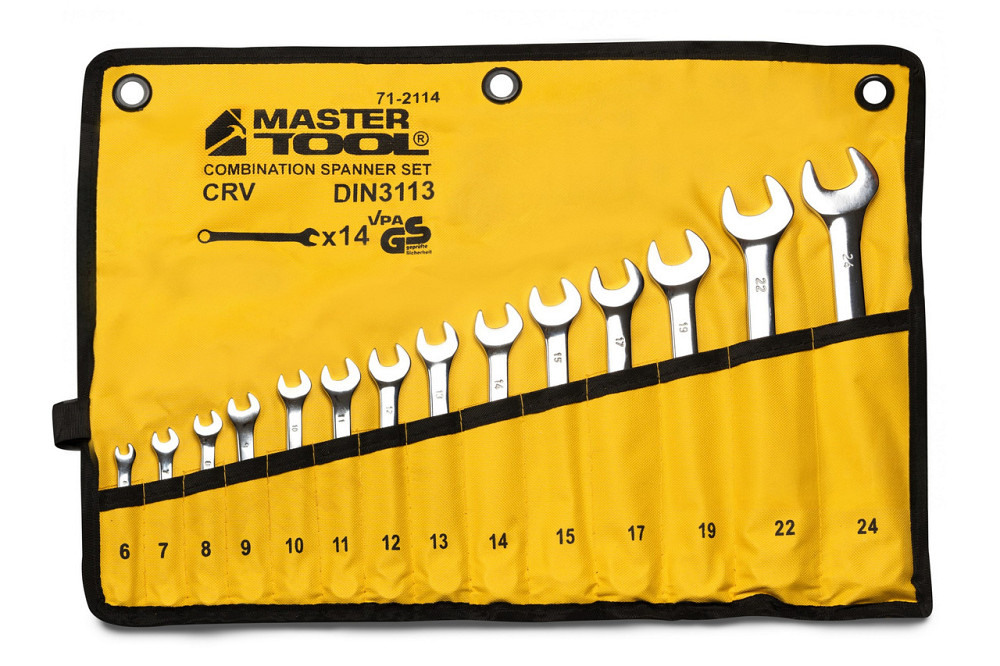 Ключи комбинированные MASTERTOOL SATIN FINISH набор 14 шт (6–15/17/19/22/24 мм) CrV DIN 3113 в чехле Харьков - изображение 1