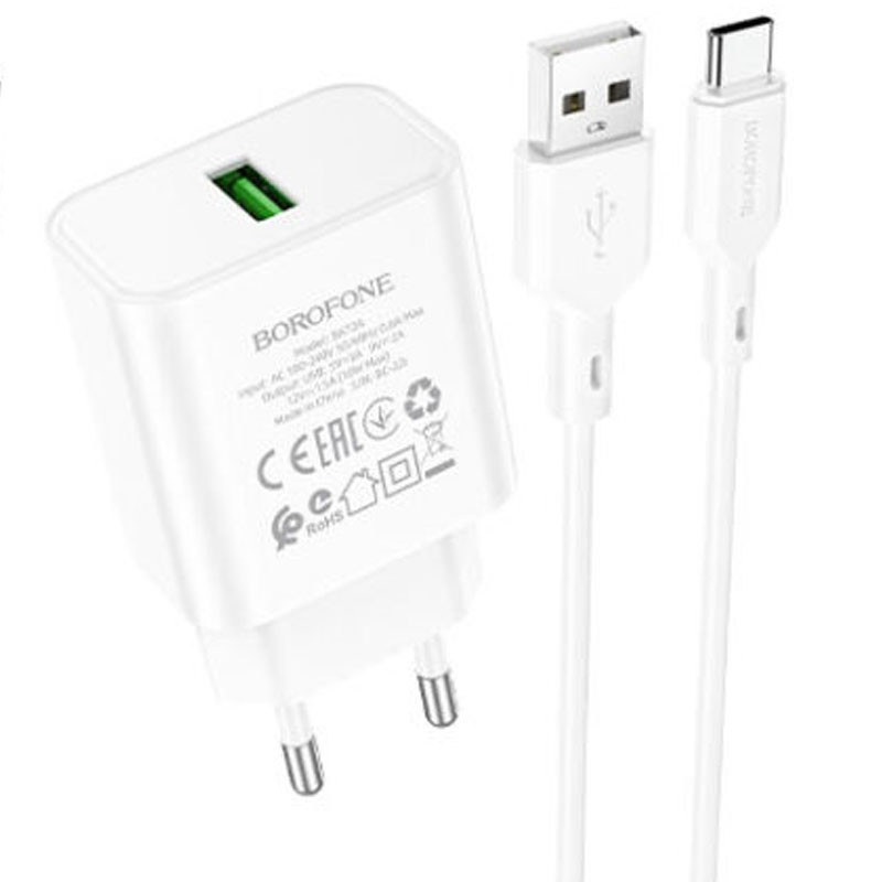 СЗУ Borofone BA72A Spring QC3.0 (1USB-A) + кабель USB to Type-C Херсон - изображение 1