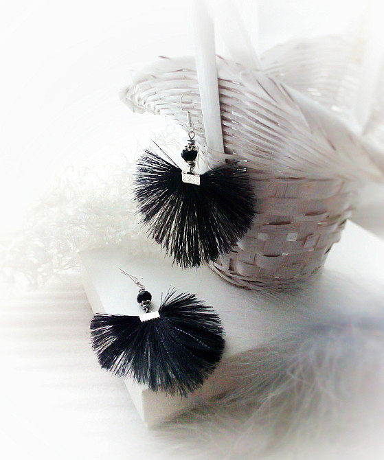 Сережки гачок чорний віяло листок серце тканинні підвіски китиці срібний гематит Луцк - изображение 3