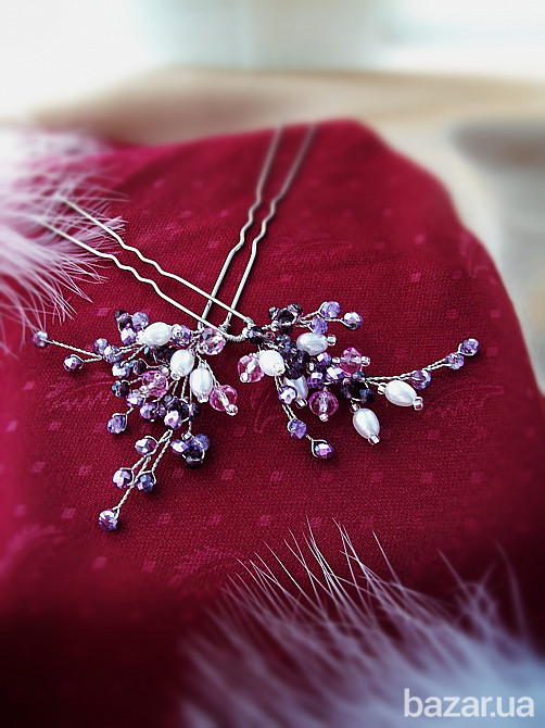 Лаванда парные шпильки заколка сиреневый фиолетовый белый жемчуг Луцьк - зображення 3
