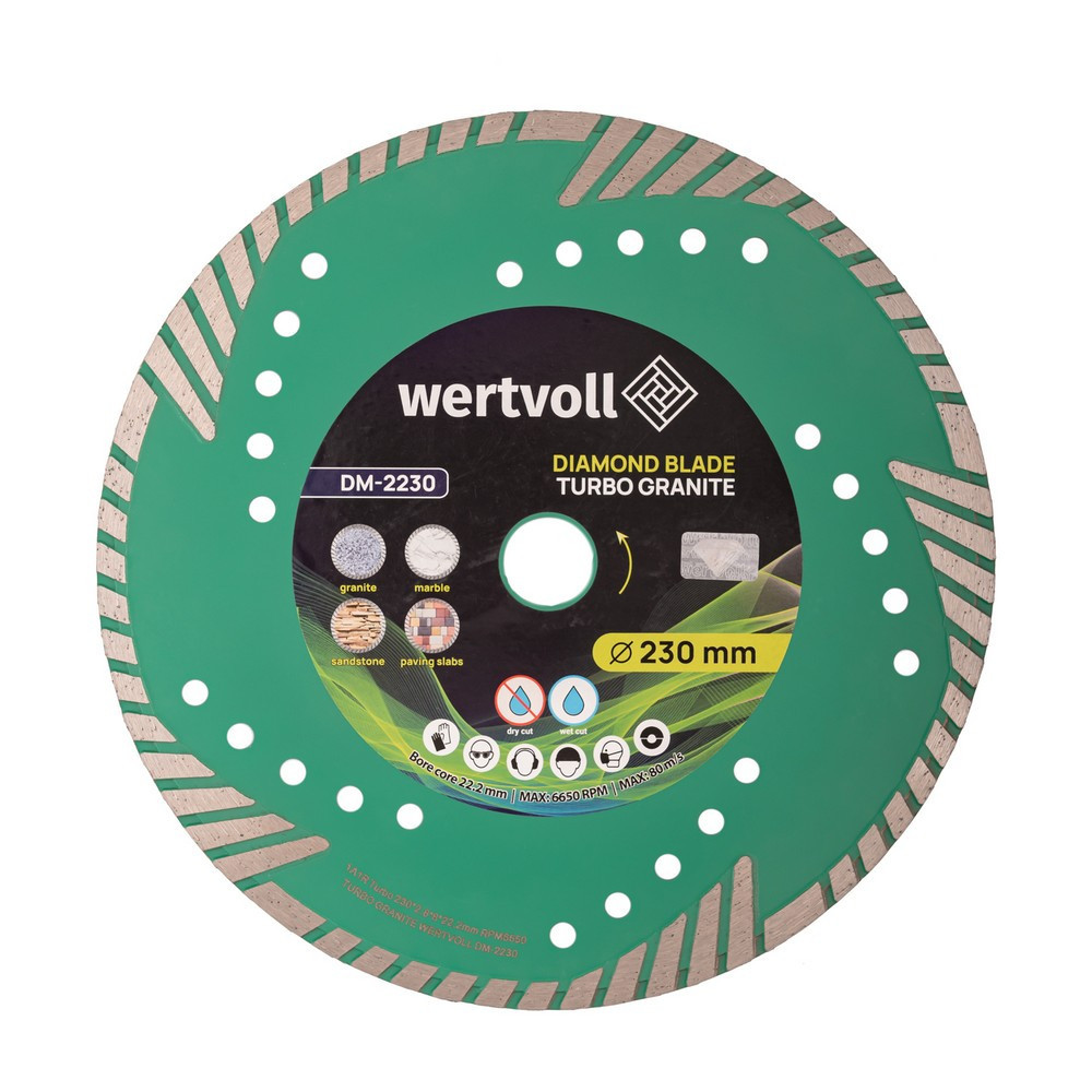 Диск алмазный WERTVOLL TURBO GRANITE 230х3 мм 24% высота алмазного слоя 8 мм адаптер 22.2-20 мм 6650 Харків - зображення 1