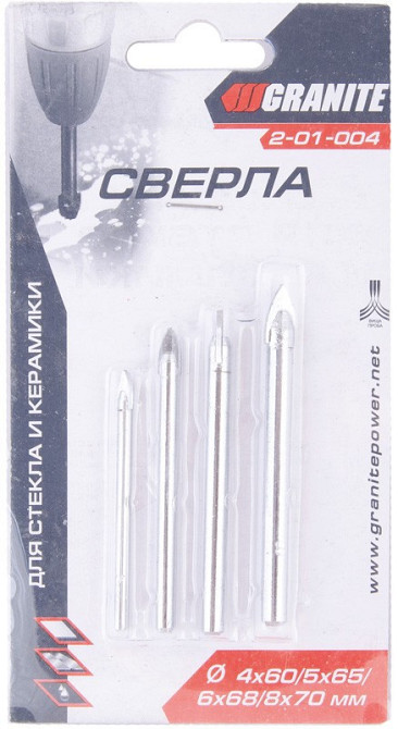 Набор сверл-пик для стекла и керамики GRANITE 4 шт 4х60/5х65/6х68/8х70 мм 2-01-004 Харків - зображення 2