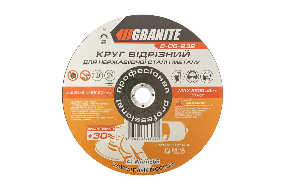 Диск абразивный отрезной для металла и нержавеющей стали GRANITE PROFI +30 230х2.5х22.2 мм 8-06-232 Харьков - изображение 1
