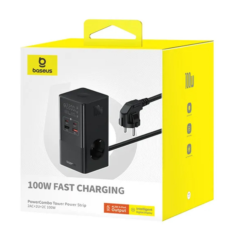 СЗУ Baseus PowerCombo Tower PowerStrip 100W (2USB-A/2C/2Socket) (1.5m) (E00023609113-00) Херсон - зображення 5