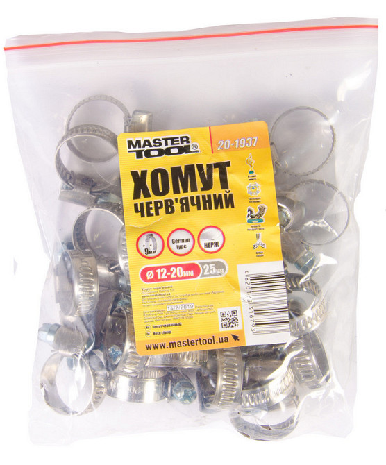 Хомут червячный MASTERTOOL German type W2 DIN 3017 9.0 мм Ø 12-20 мм 25 шт 20-1937 Харків - зображення 1