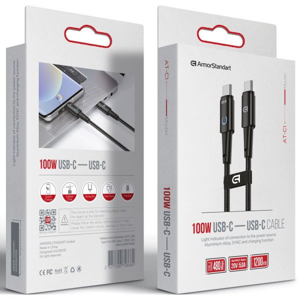 Кабель ArmorStandart AT-C1 Type-C to Type-C 100W 1,2m Black (ARM75868) (Код товару:43387) Харків - зображення 2