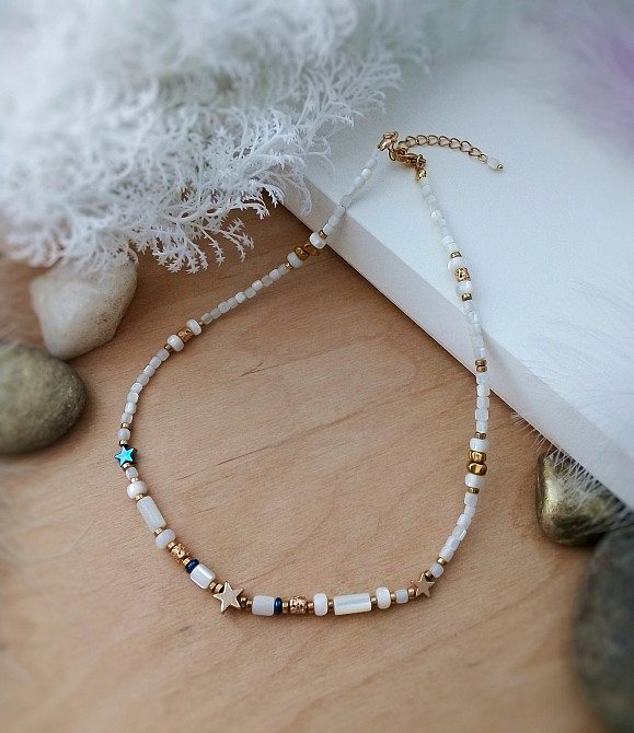 Зірка намисто чокер білий золотий гематит зірки перламутр натуральний лава на шию подарунок дівчині Луцк - изображение 2