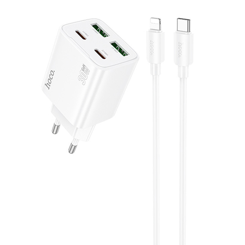СЗУ Hoco N56 Fundador PD30W+QC3.0 (2USB-A/2C) + кабель Type-C to Lightning Херсон - зображення 1
