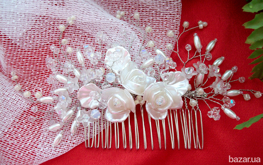три троянди весільний гребінь прикраса для волосся білий перли кришталь нареченій весільна Луцьк - зображення 4