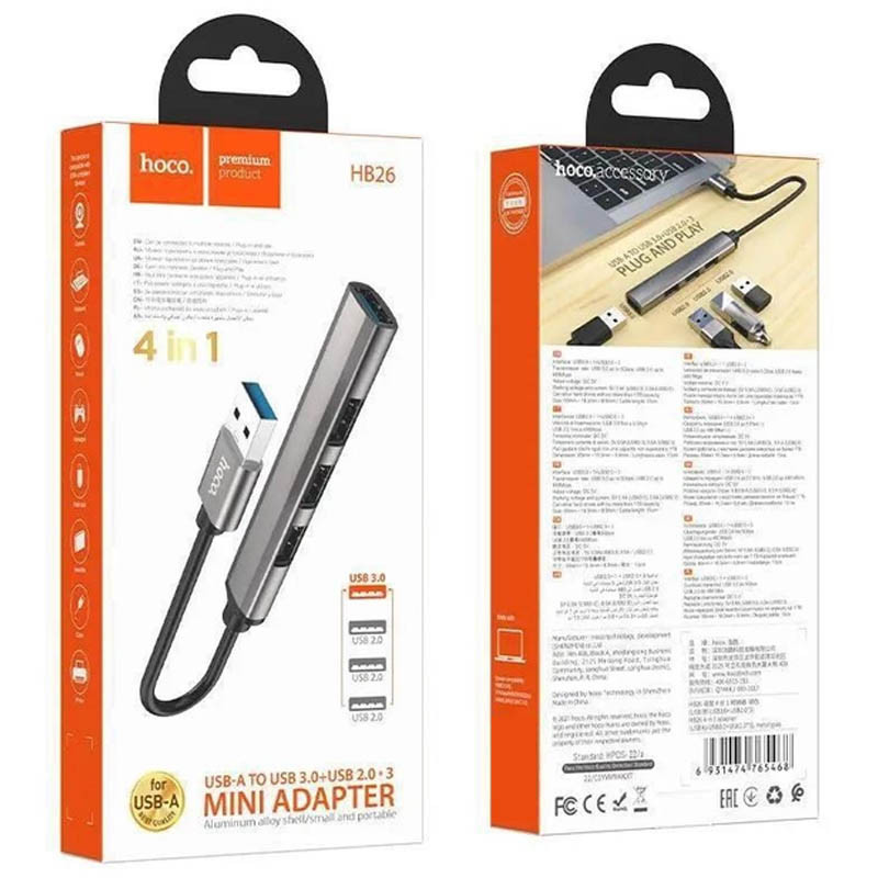 Переходник Hoco HB26 4in1 (USB to USB3.0+USB2.0*3) Херсон - зображення 4