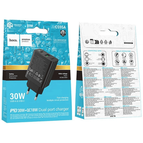 Мережевий зарядний пристрій Hoco CS95A Leader PD30W+QC3.0 (1USB-A/1C) Black Харьков - изображение 5