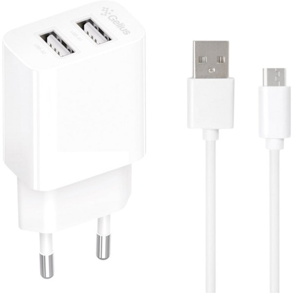 Мережевий зарядний пристрій Gelius Simple GP-HC059 2 USB 2.4A + cable microUSB White (Код товару:418 Харків - зображення 1