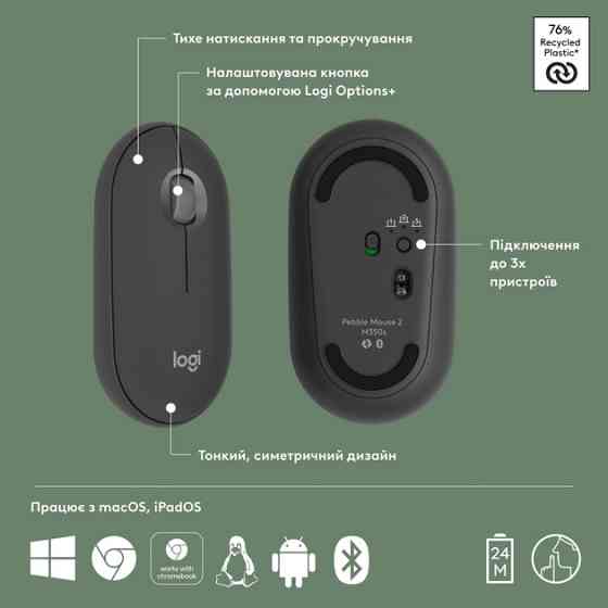 Мышь компьютерная безпроводная Logitech Pebble Mouse 2 M350s Tonal Graphite L910-007015 графитовая Киев