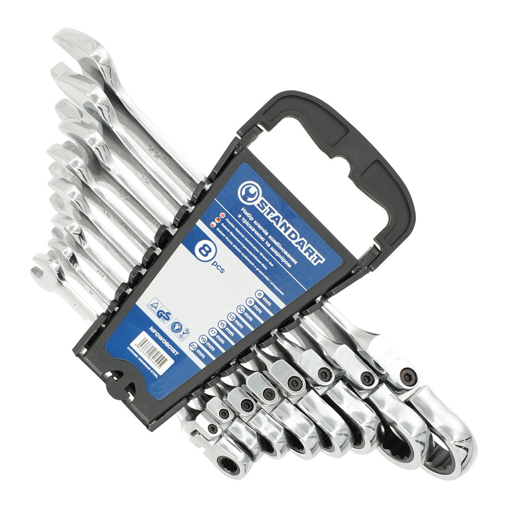 Набор ключей комбинированных с трещоткой и шарниром 8-10,13,15,17,19,22мм 8ед. на холдере  СТАНДАРТ  Харьков - изображение 1