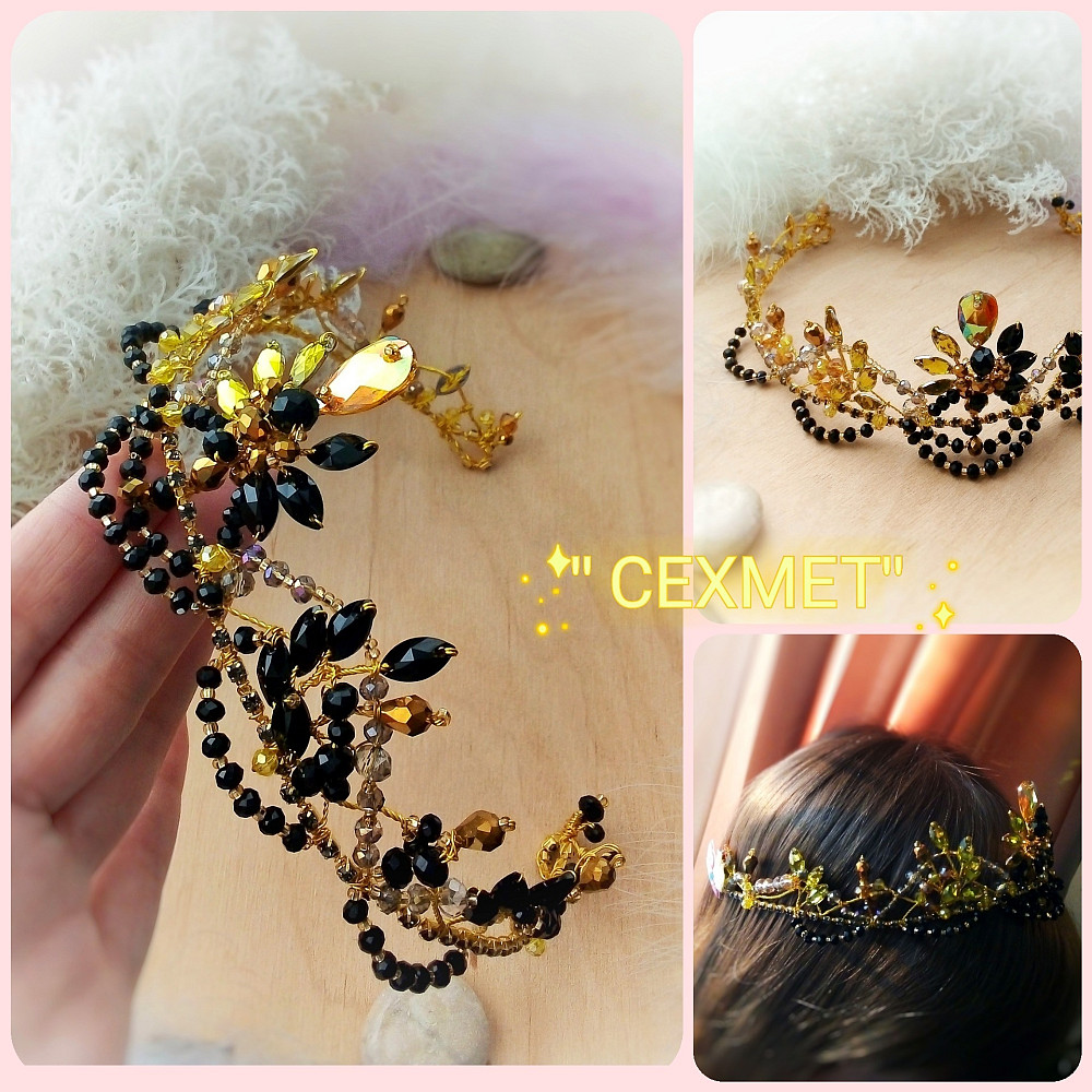 Сехмет тіара балетна корона діадема жовтий чорний двоколірна кришталева обідок обруч гнучкий косплей Луцьк - зображення 1
