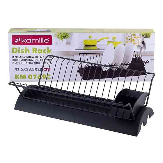 Сушилка для посуды Kamille 41.5*25.5*11.5см из хромированной стали с поддоном черний 0769C Одесса