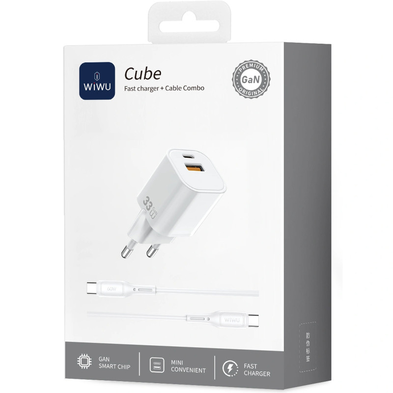 СЗУ WIWU G018 Cube PD33W+QC3.0 GaN (1USB-A/1C) + кабель Type-C to Lightning Херсон - изображение 3