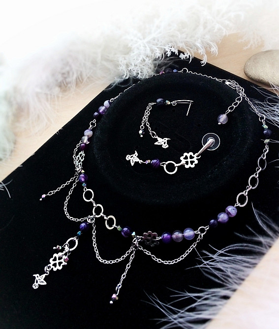 Колібрі агат мінерал камінь сталь кольє намисто фіолетовий бузковий шию подарунок підвіски конюшина Луцьк - зображення 2