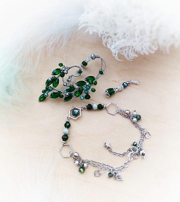 Браслет ельфійська прикраса на руку ногу зелений срібний підвіски ланцюжок кришталь ланцюжок Луцк - изображение 5